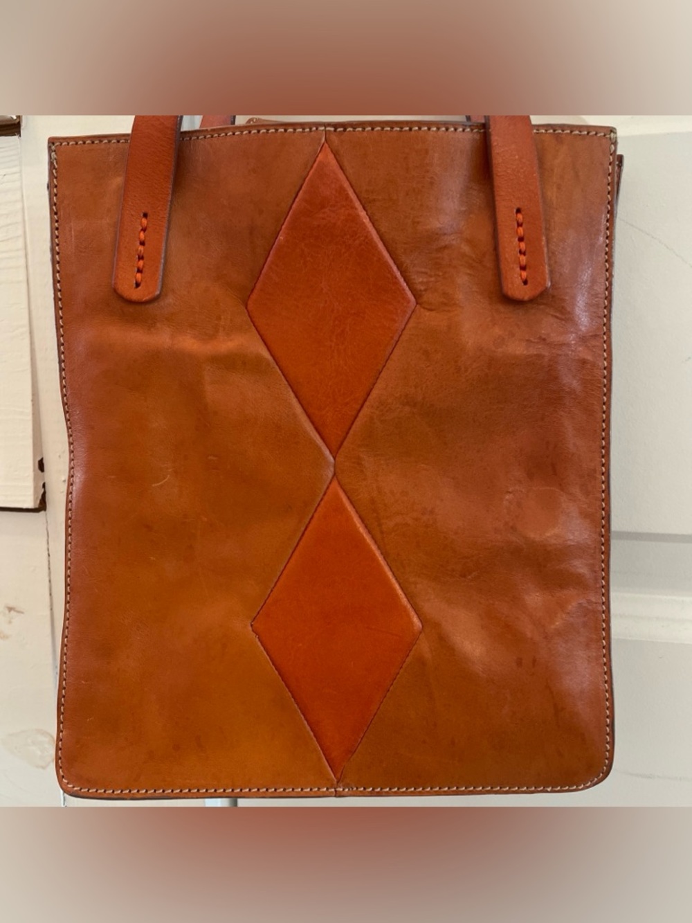 Johnny Farah Small Geometric Diamond Leather Tan Tote Bag Purse Handbag - Picture 2 of 15
